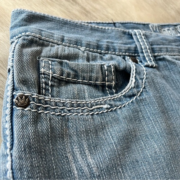 M. GORDON Jeans W34xL30 Distressed Holes Light Wash Stretch White Stitching - Picture 14 of 14